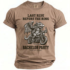 Dragon on motorcycle with beer, "Last Ride Before the Ring Bachelor Party" text.