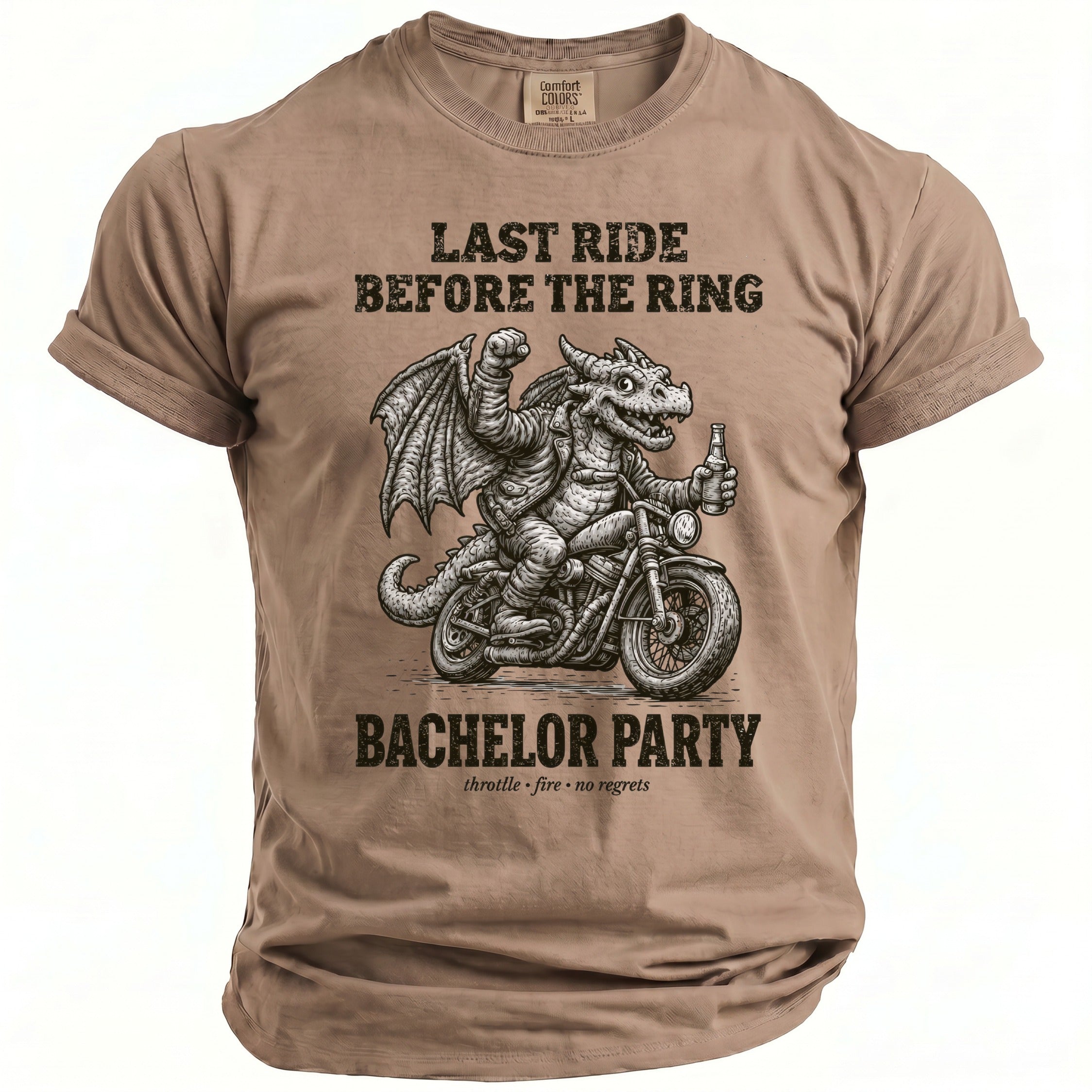 Dragon on motorcycle with beer, "Last Ride Before the Ring Bachelor Party" text.