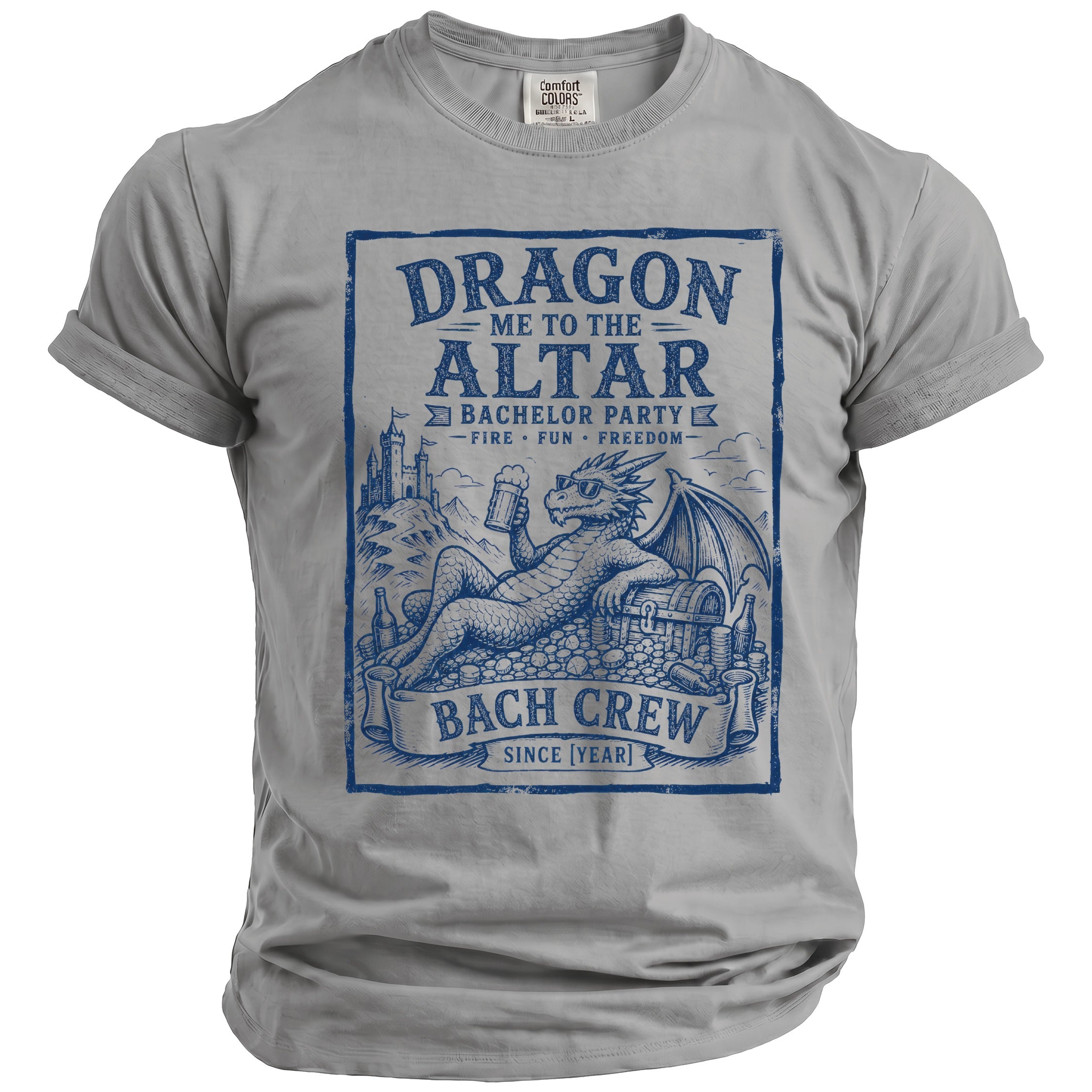Grey t-shirt with a blue graphic of a dragon drinking beer, surrounded by treasure and text.