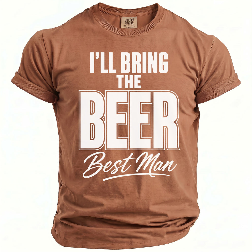 Brown t-shirt with text "I'LL BRING THE BEER Best Man".
