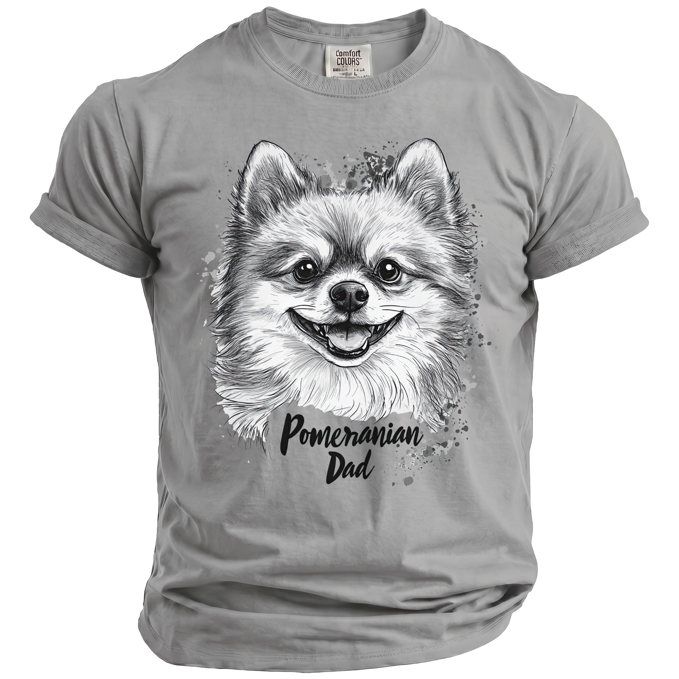 Gray t-shirt with a black and white sketch of a smiling Pomeranian and "Pomeranian Dad" text.