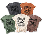 Five t-shirts in assorted colors with "Dragon Me To The Altar Bachelor Party" graphic.