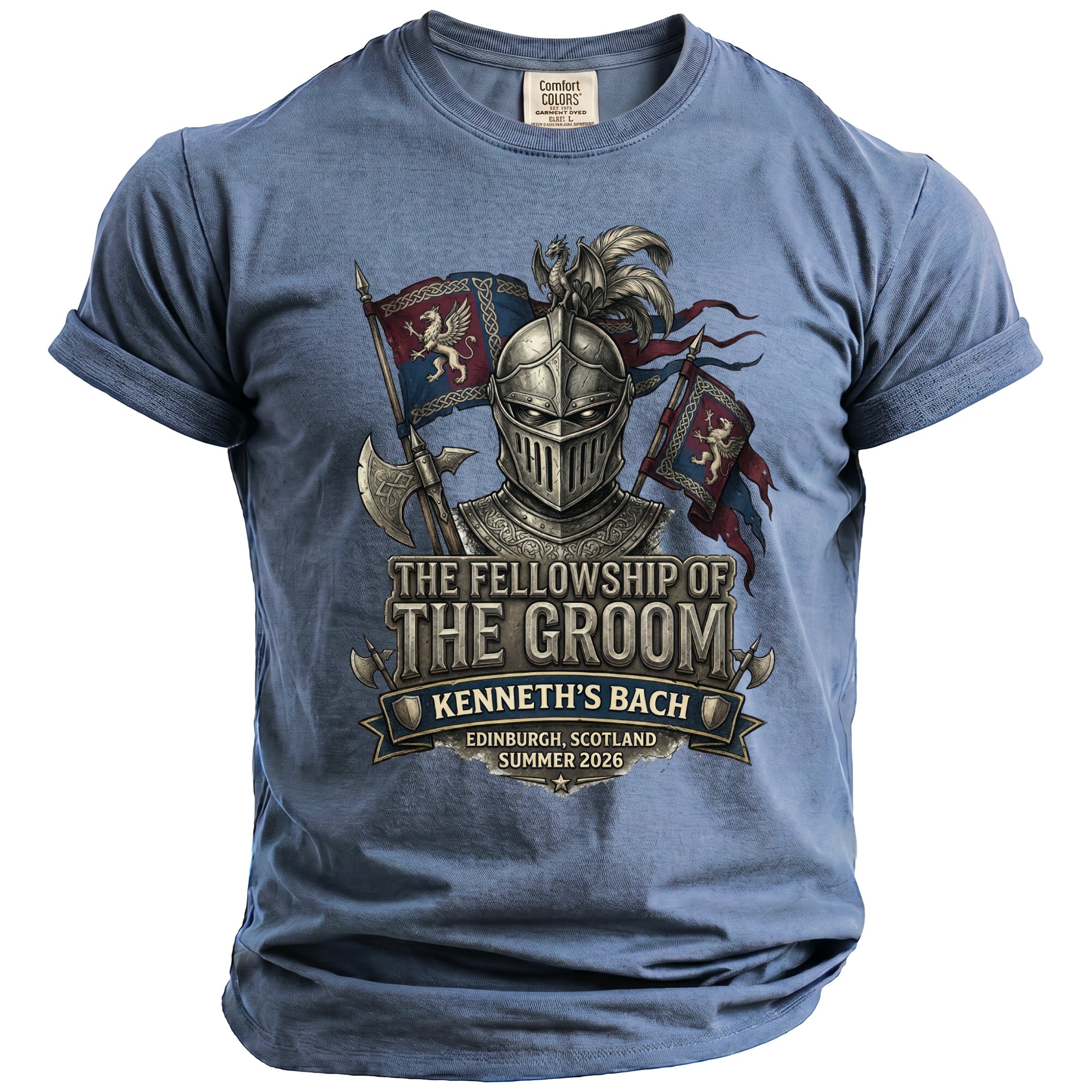 T-shirt with knight, flags, and text: "The Fellowship of the Groom Kenneth's Bach".