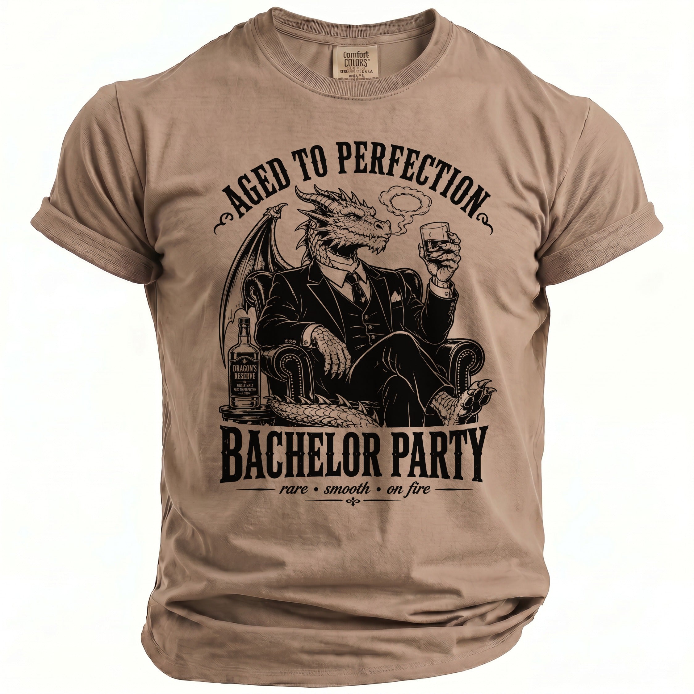 T-shirt with a dragon in a suit, holding a drink, saying "Aged to Perfection Bachelor Party."