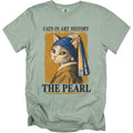 Light green t-shirt with "Cats in Art History The Pearl" text and cat graphic.