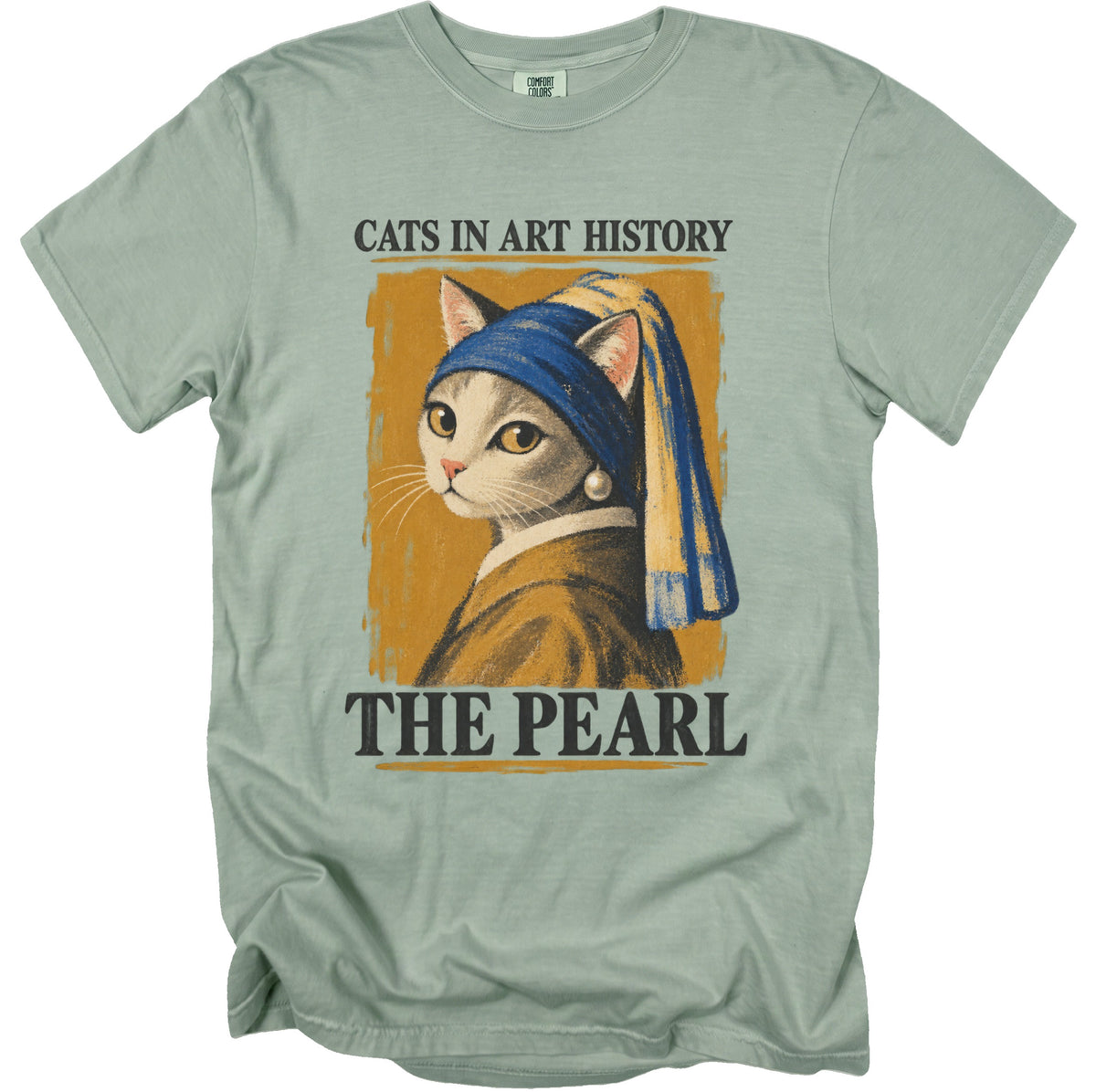 Light green t-shirt with "Cats in Art History The Pearl" text and cat graphic.
