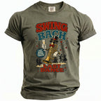 Olive green t-shirt with "Swing Bach" and "Last Dance" artwork featuring a trumpet.