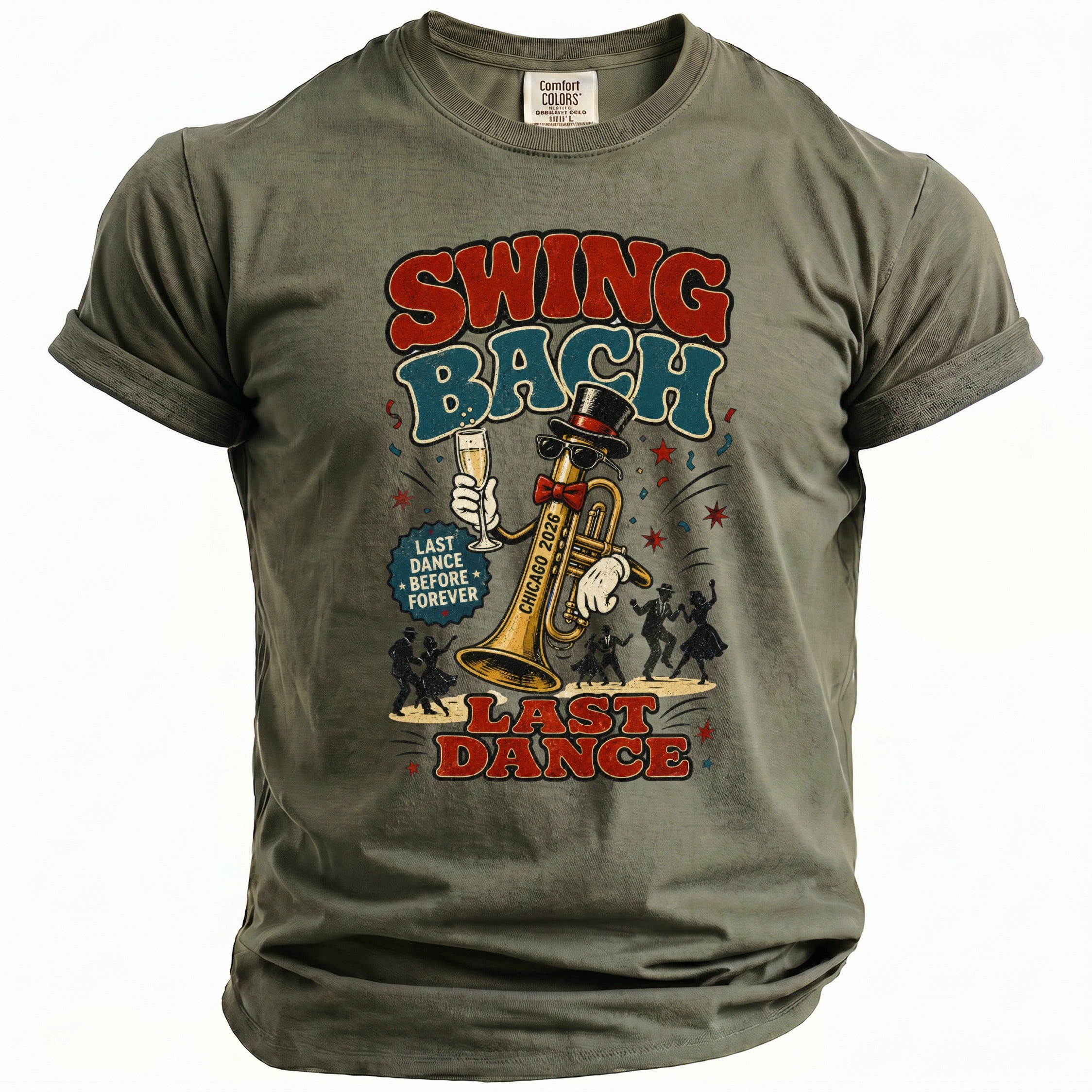 Olive green t-shirt with "Swing Bach" and "Last Dance" artwork featuring a trumpet.