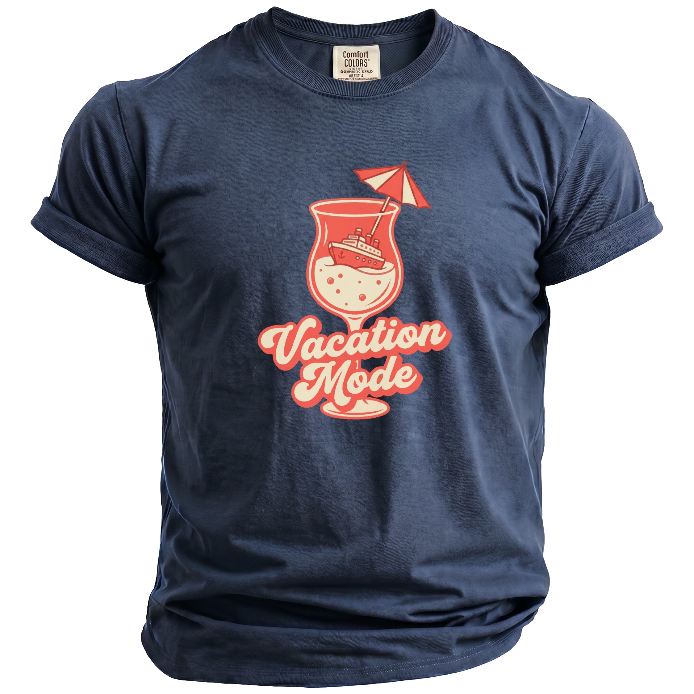 Navy t-shirt with a "Vacation Mode" graphic of a cocktail with a cruise ship.