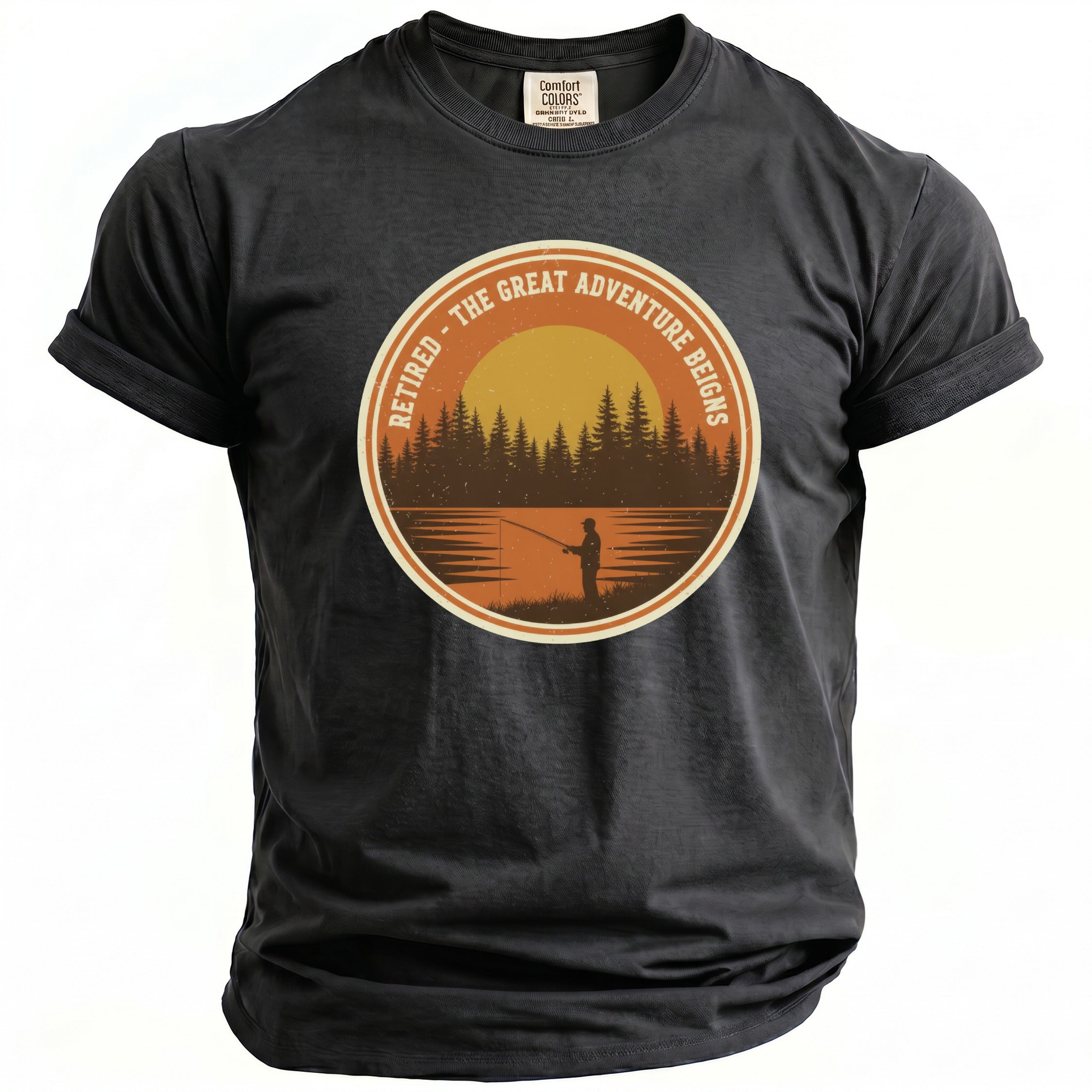 Dark t-shirt with circular graphic: "Retired - The Great Adventure Reigns"