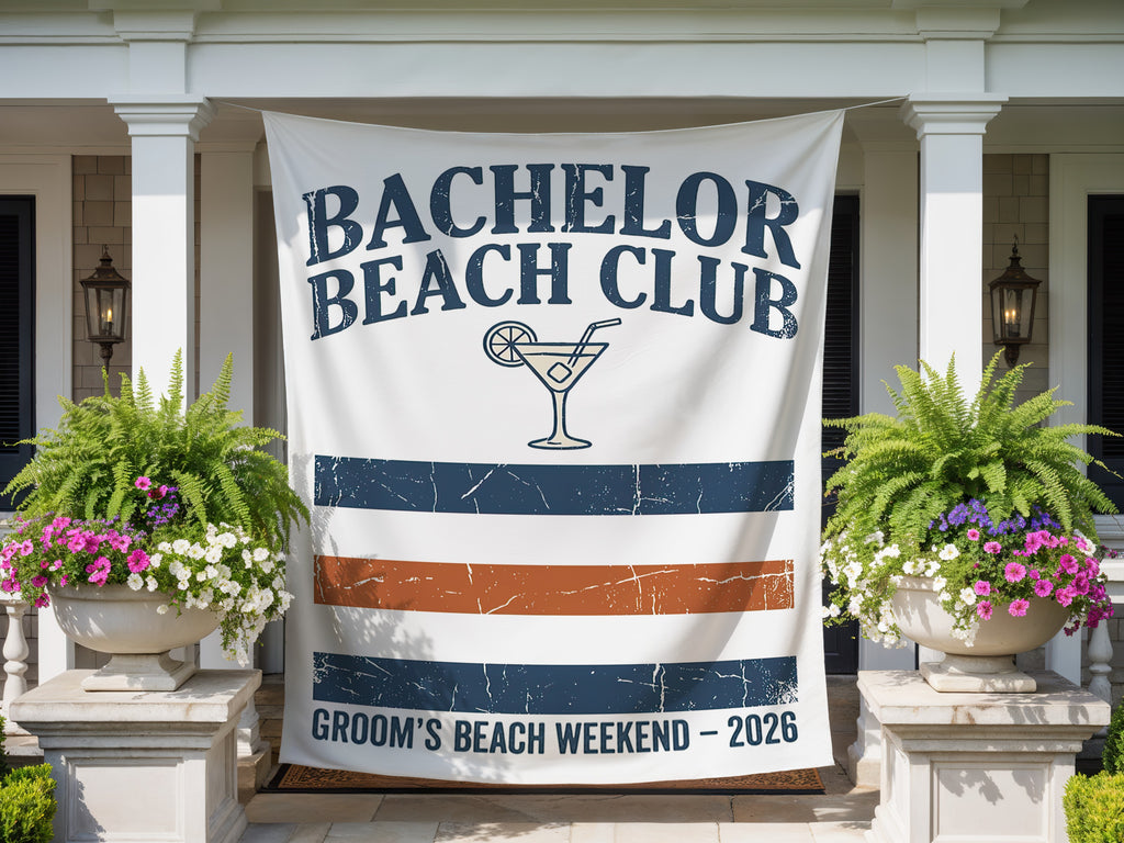 Bachelor Beach Club banner with tropical drink and "Groom's Beach Weekend - 2026" text.