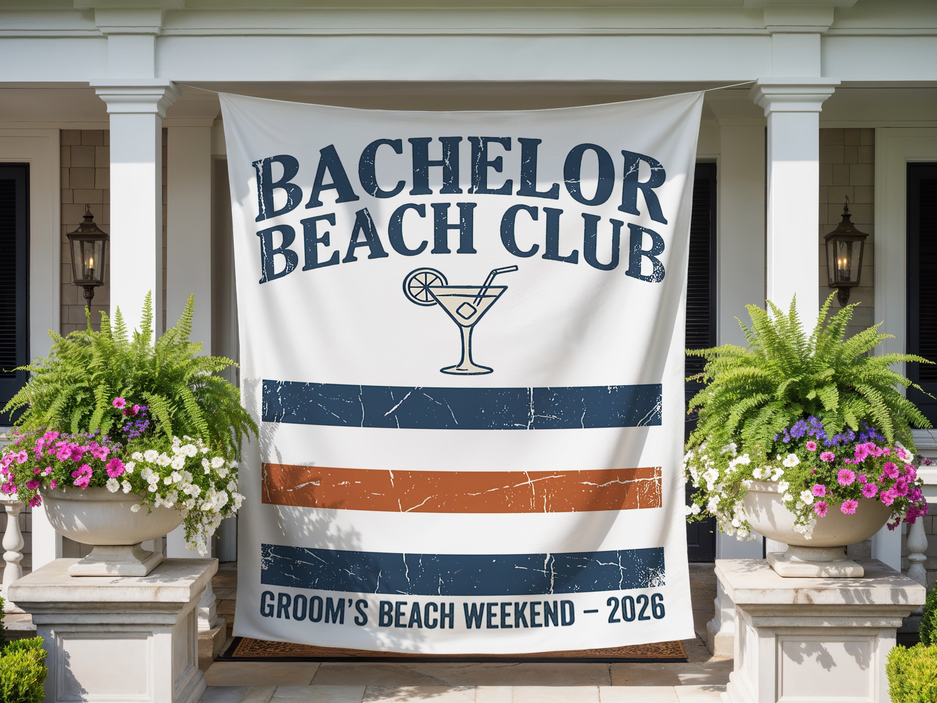 Bachelor Beach Club banner with tropical drink and "Groom's Beach Weekend - 2026" text.