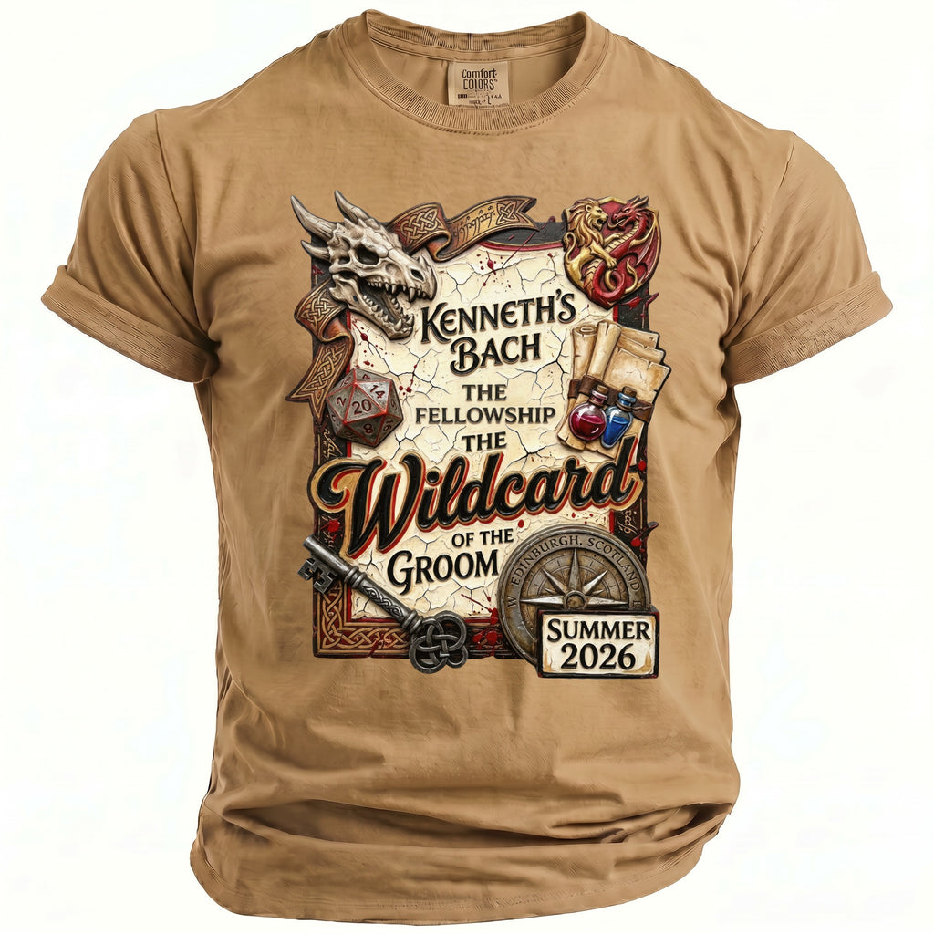 Tan t-shirt with "Kenneth's Bach The Fellowship The Wildcard of the Groom" design.