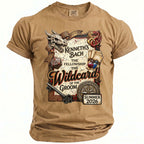 Tan t-shirt with "Kenneth's Bach The Fellowship The Wildcard of the Groom" design.