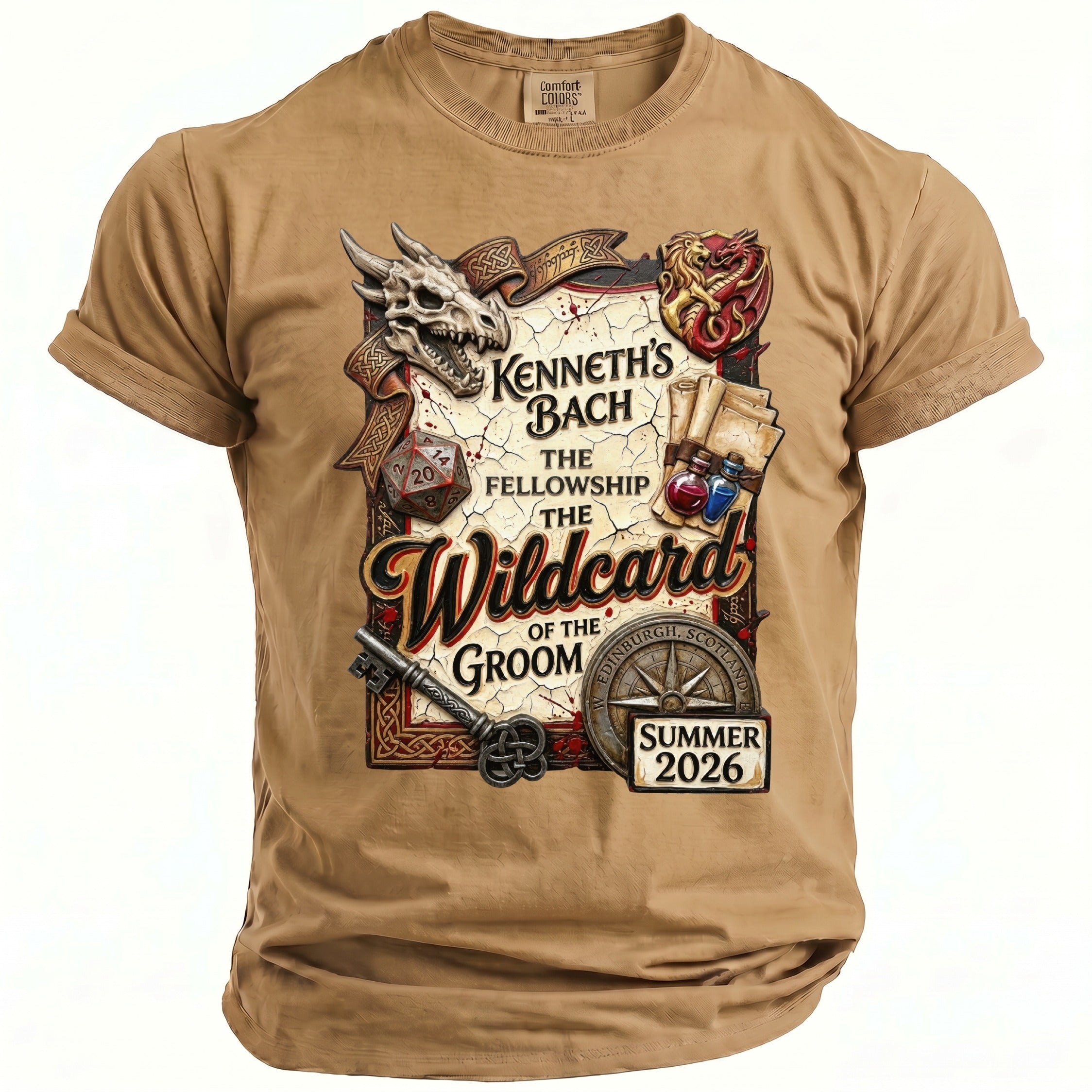 Tan t-shirt with "Kenneth's Bach The Fellowship The Wildcard of the Groom" design.