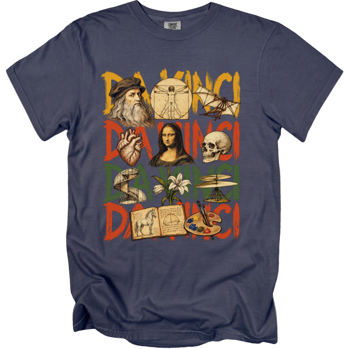 Da Vinci graphic t-shirt with illustrations of his inventions and art.
