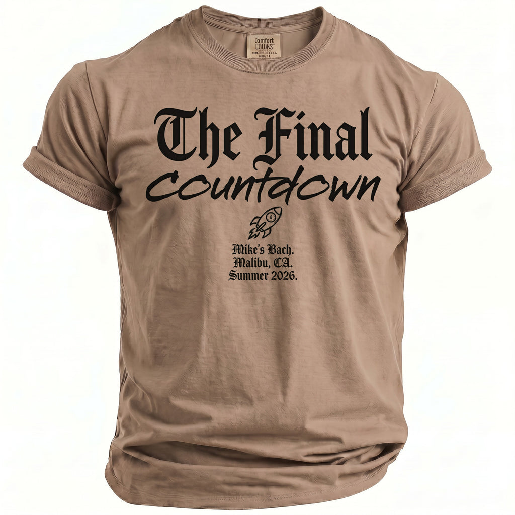 Brown t-shirt with "The Final Countdown" and rocket graphic.