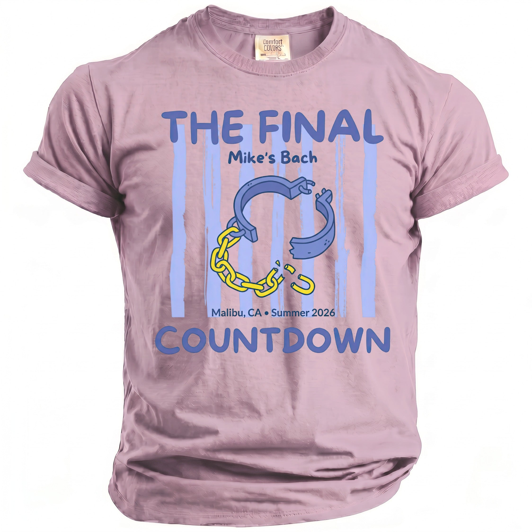 Pink t-shirt with blue text "THE FINAL" and a broken chain graphic.