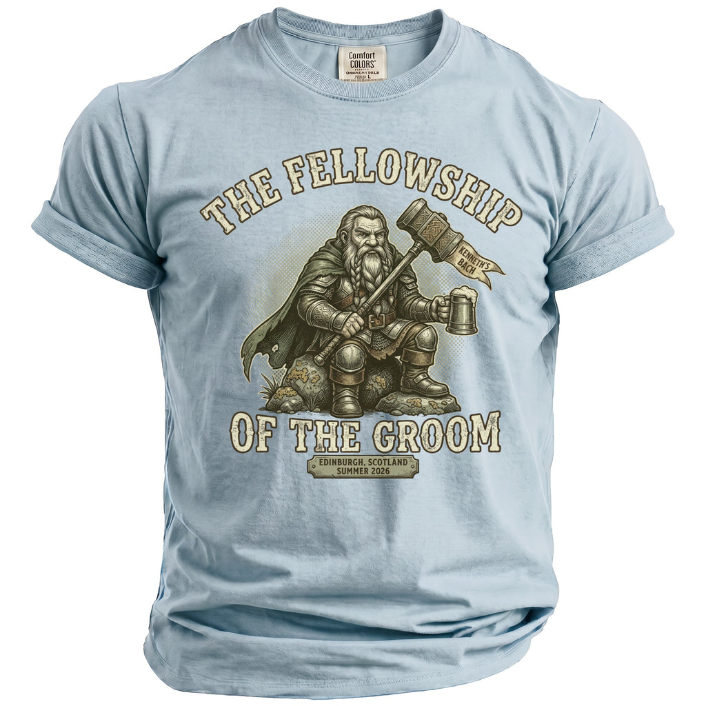 Light blue t-shirt with "The Fellowship of the Groom" and a dwarf graphic.
