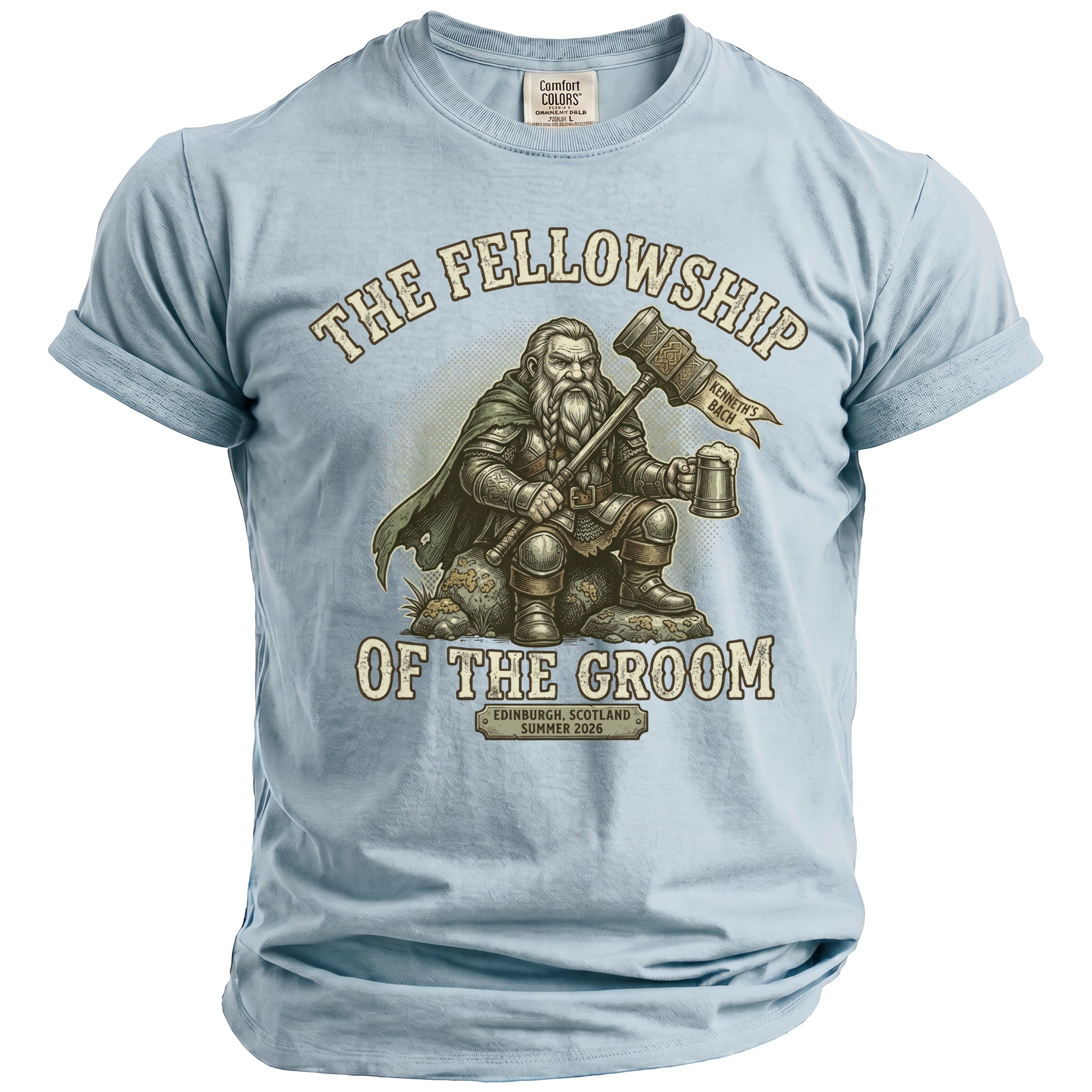 Light blue t-shirt with "The Fellowship of the Groom" and a dwarf graphic.