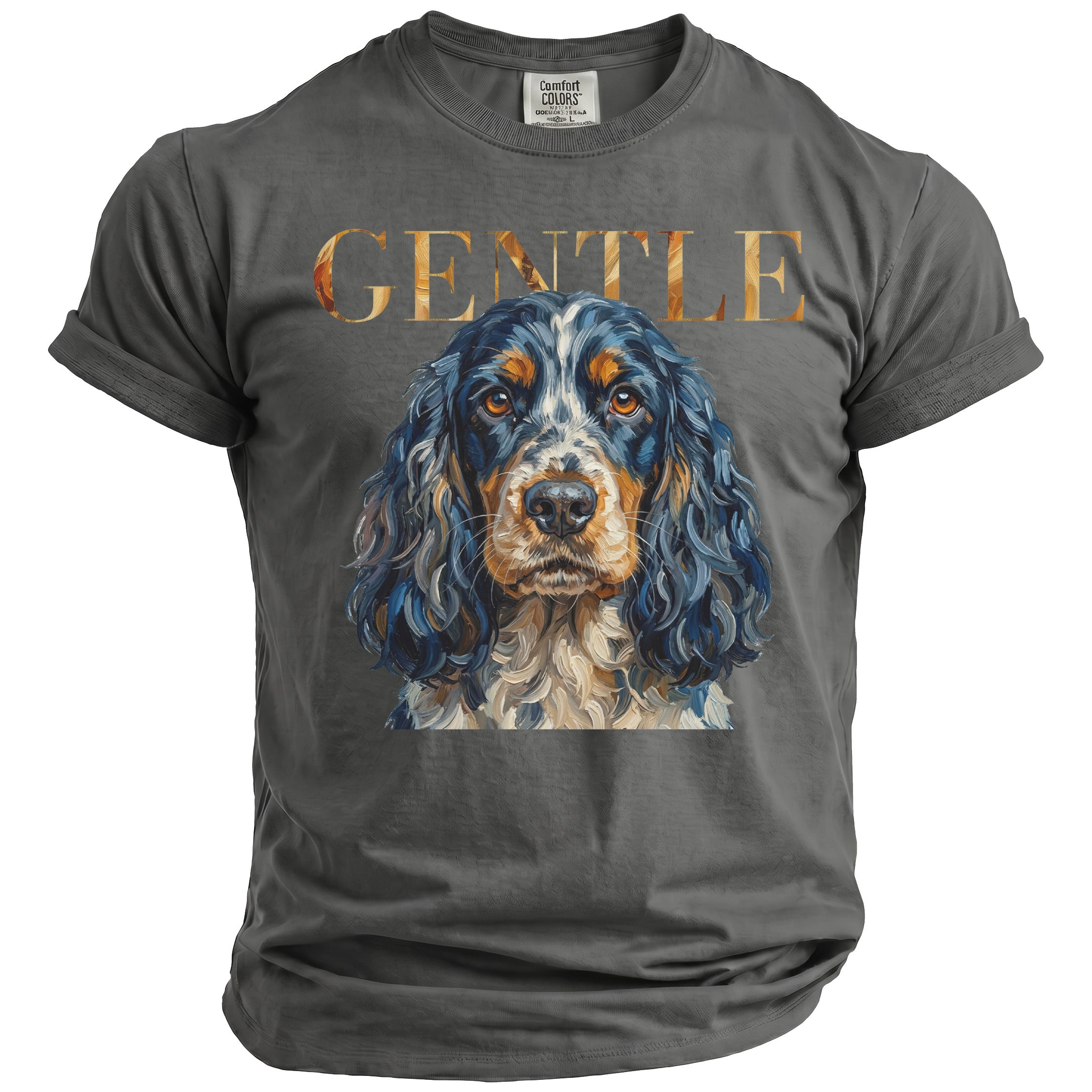 Gray t-shirt with a painted portrait of a black, tan, and white dog and the word "GENTLE".
