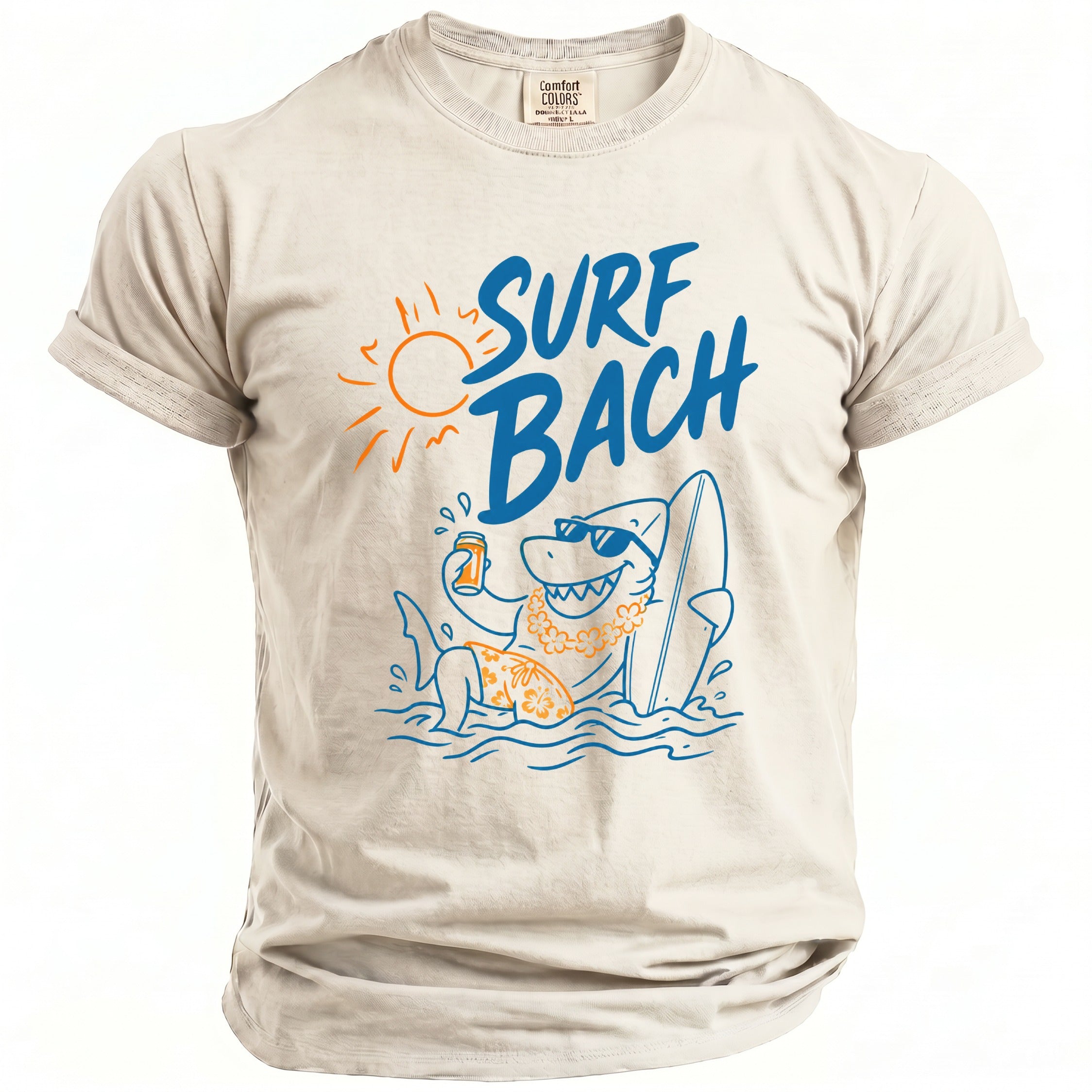 T-shirt with graphic of shark holding drink next to surfboard and text "SURF BACH".
