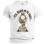 White t-shirt with skeleton hand holding ring and text "Til Death Do Us Part Alex & Jordan 05-25-2024".