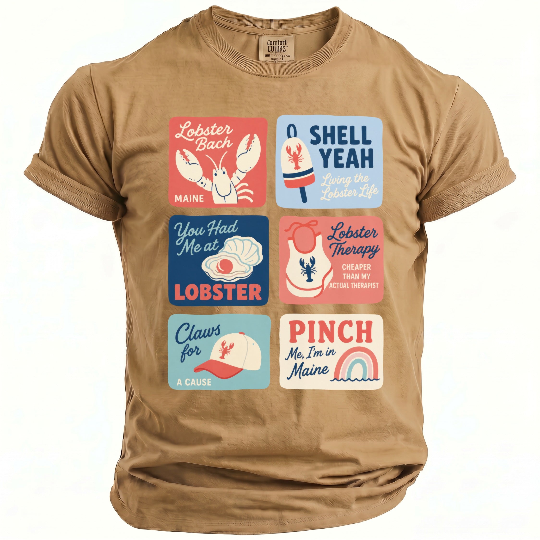 Brown t-shirt with six colorful squares featuring lobster and Maine-themed phrases.