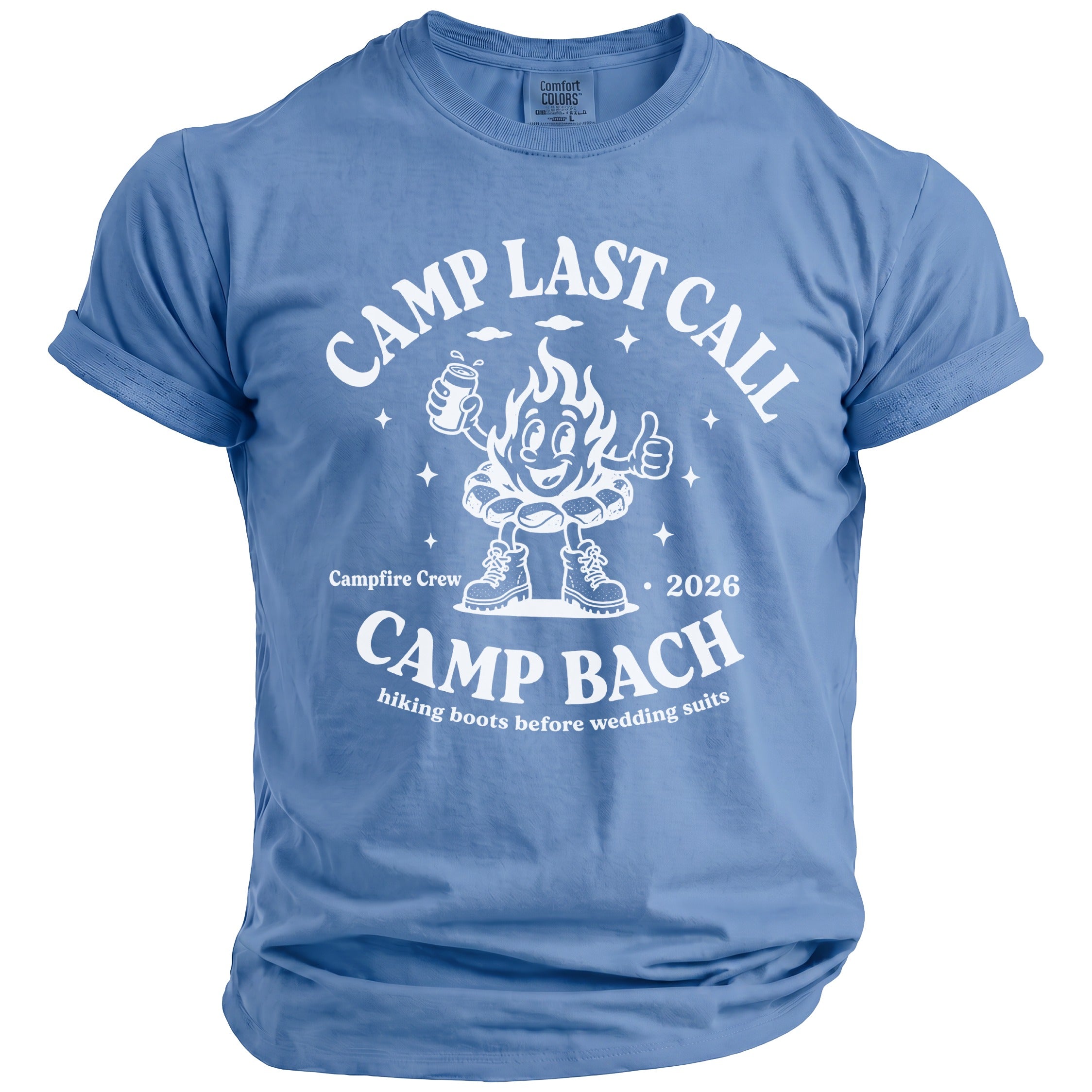 Blue short-sleeved t-shirt with a white graphic featuring a cartoon campfire holding a drink and text reading Camp Last Call Camp Bach.