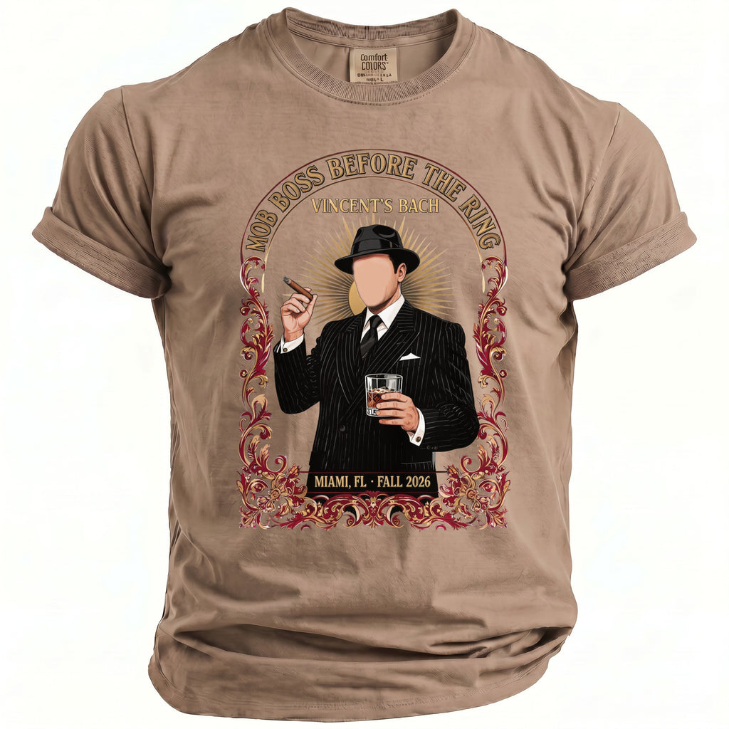 Tan t-shirt with graphic of man in suit holding cigar and drink, text reads "Mob Boss Before The Ring".