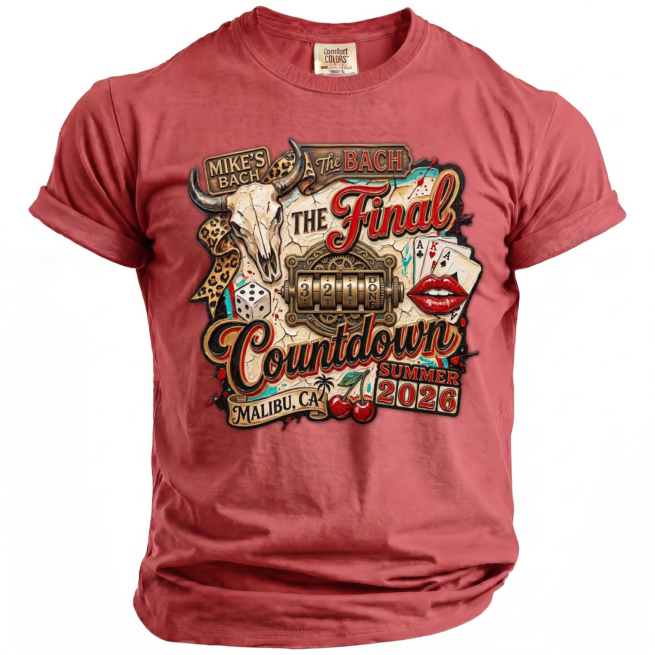 Red t-shirt with "The Bach Final Countdown Malibu, CA Summer 2026" graphic.