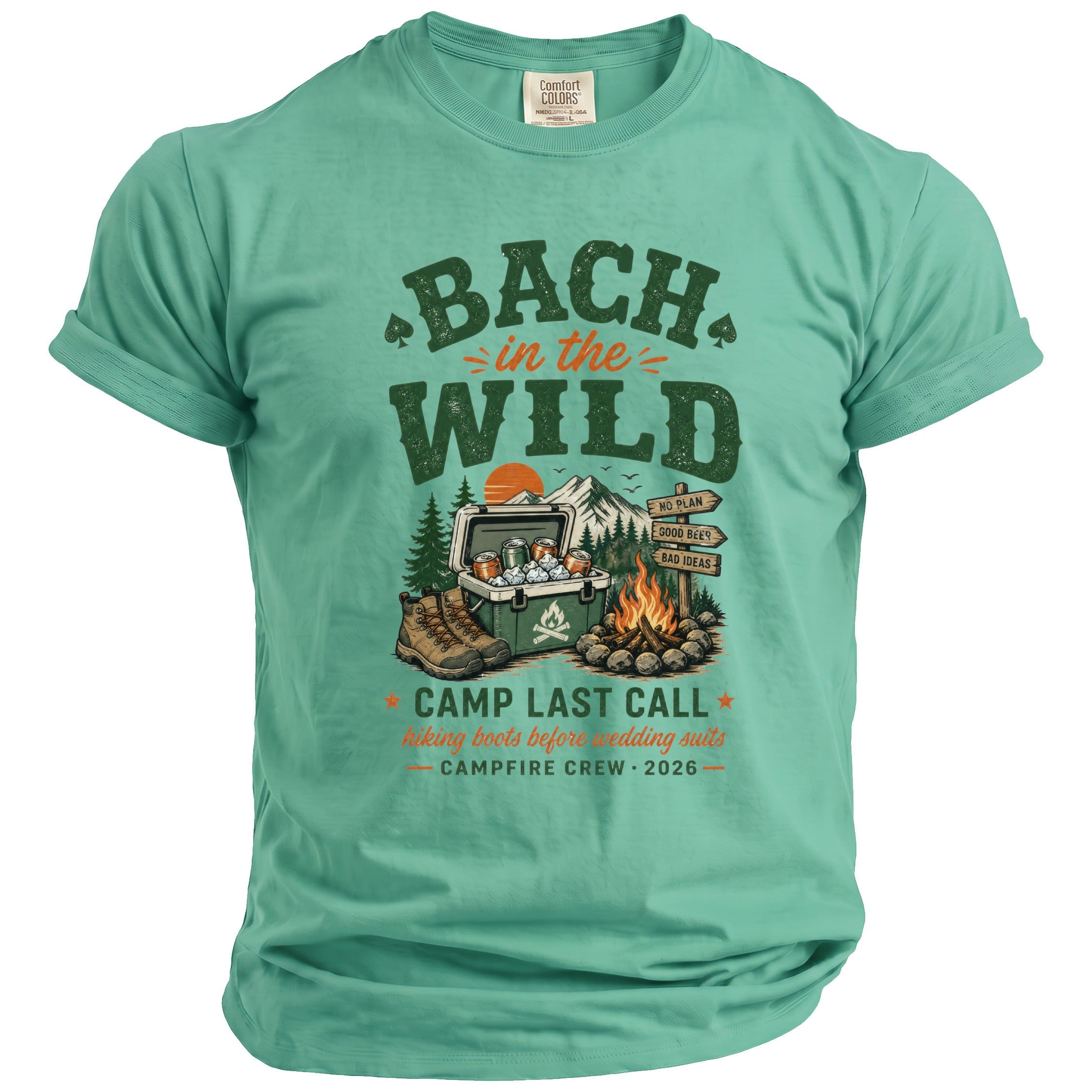 Green t-shirt with "Bach in the Wild" graphic and camping scene.