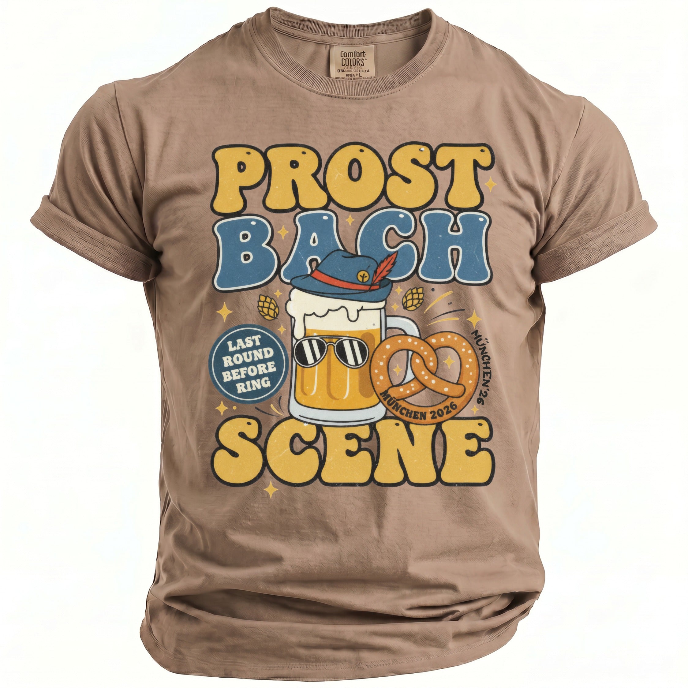 Brown t-shirt with "Prost Bach" text, beer, pretzel, and Munich 2026.