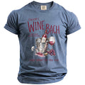 Blue t-shirt with "Groom's Wine Bach" graphic and wine bottle.