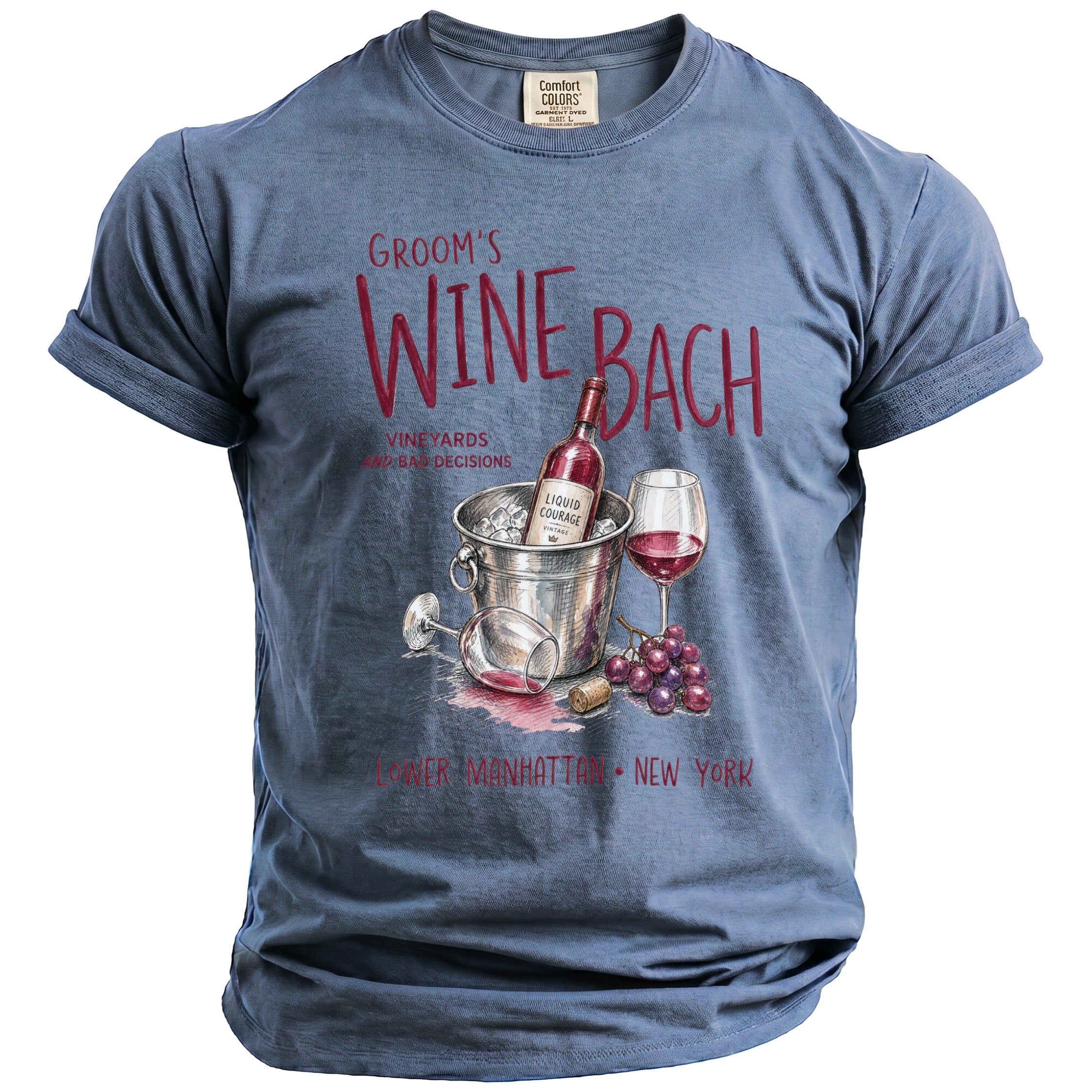 Blue t-shirt with "Groom's Wine Bach" graphic and wine bottle.