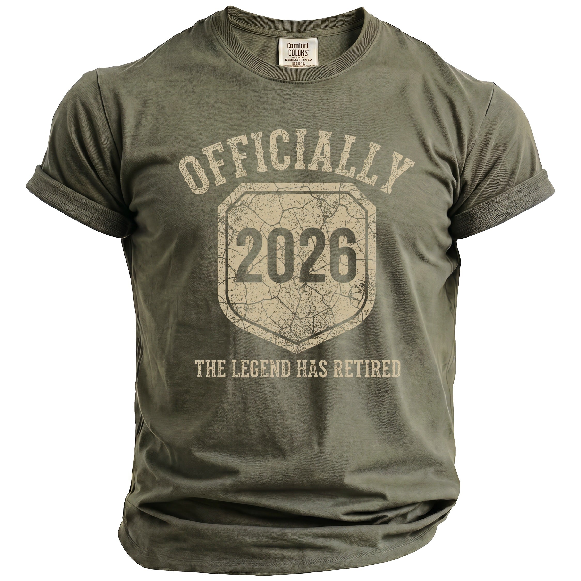 Olive green t-shirt with "OFFICIALLY 2026 THE LEGEND HAS RETIRED" graphic.