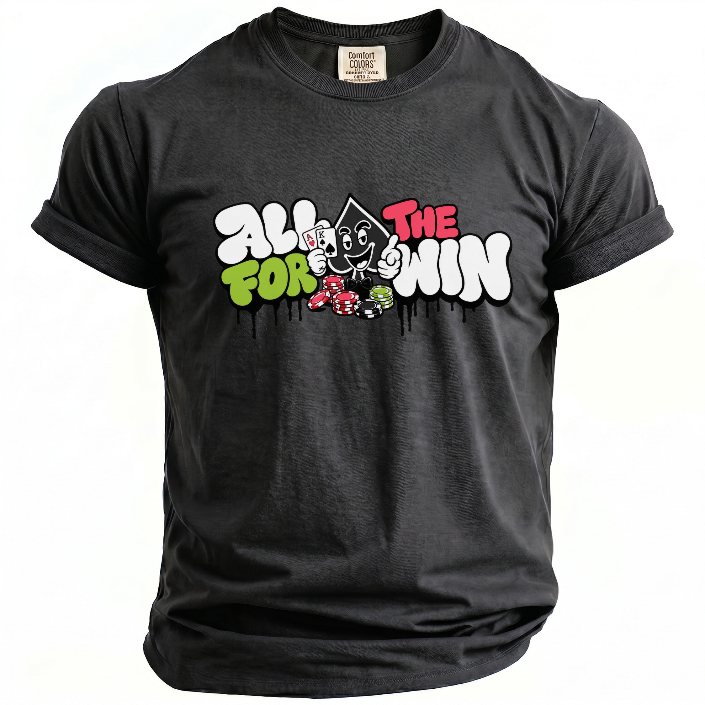 Black t-shirt with "All For The Win" text and cartoon poker graphics.