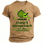 Tan t-shirt with neon green pixelated disco ball, checkmark, and text.