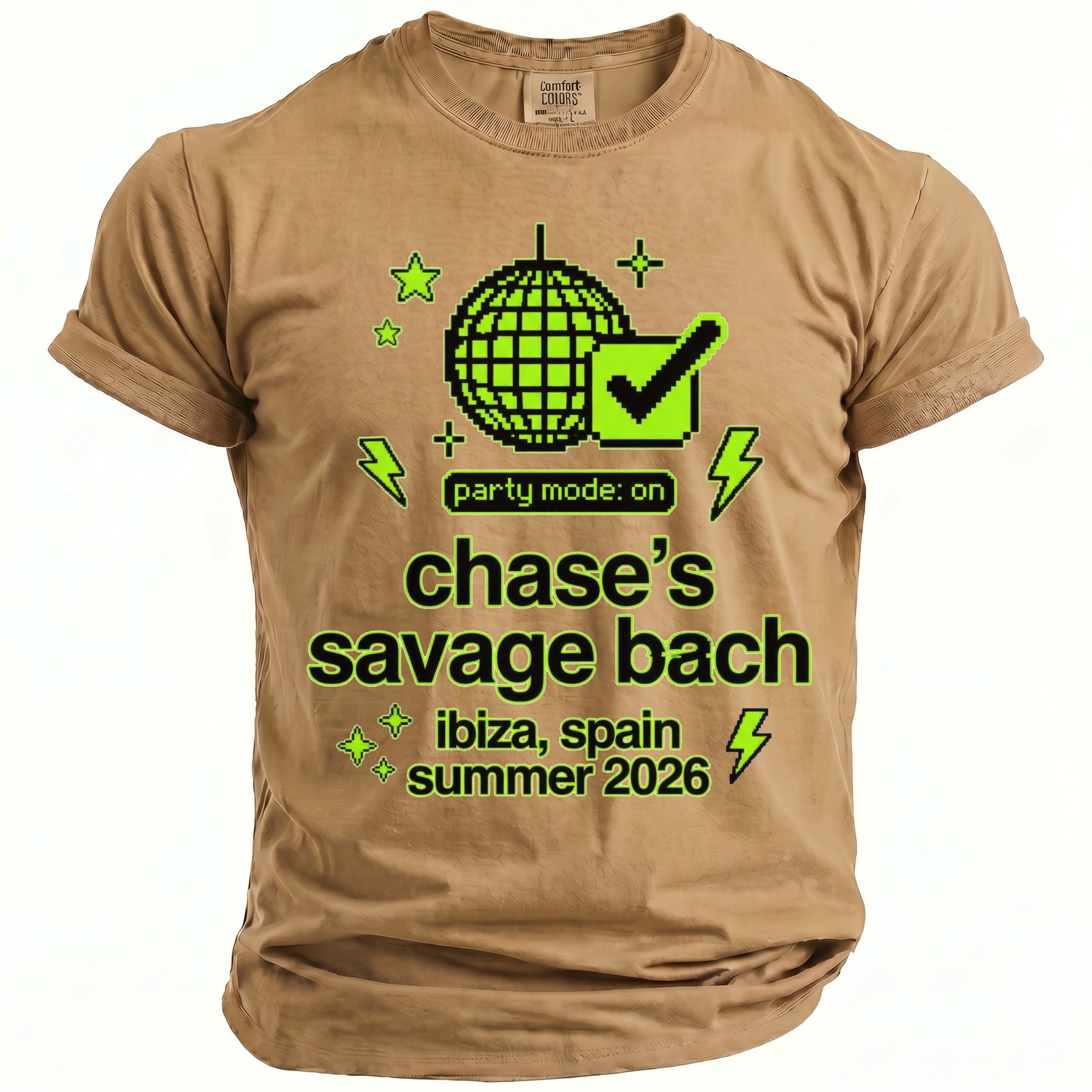 Tan t-shirt with neon green pixelated disco ball, checkmark, and text.