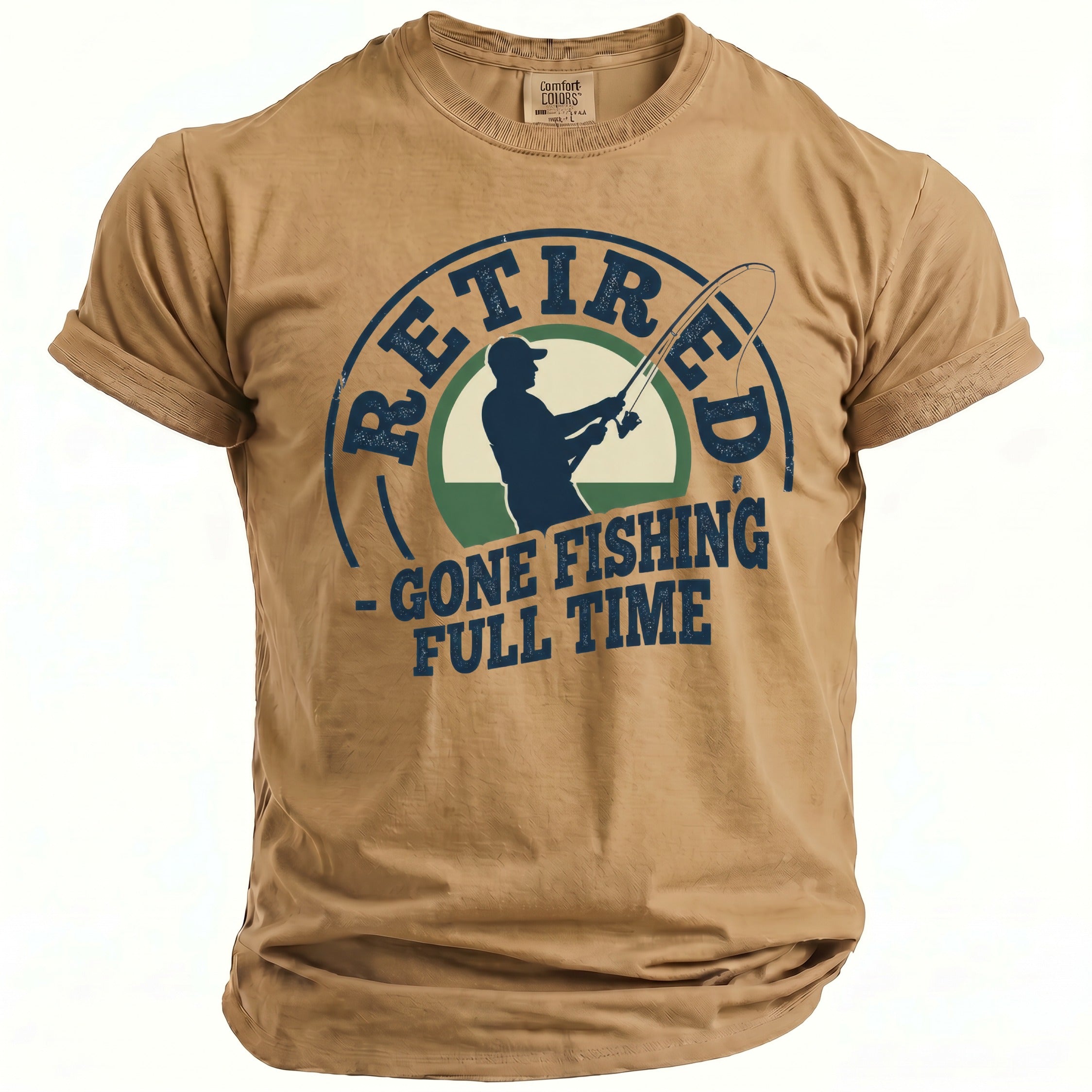 Tan t-shirt with a graphic of a fishing silhouette and text "Retired - Gone Fishing Full Time".