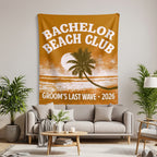 Tapestry with "Bachelor Beach Club" and "Groom's Last Wave 2026" text.
