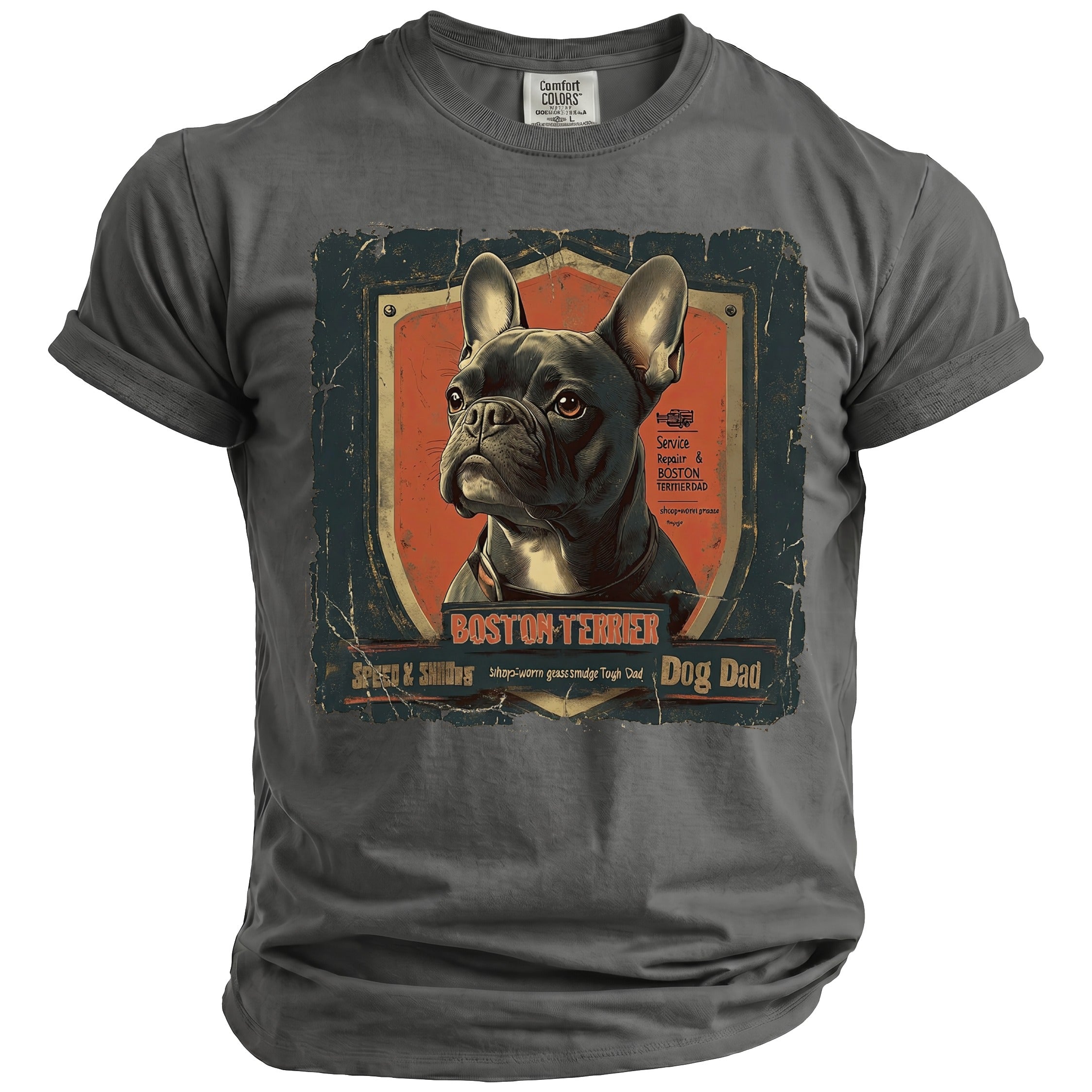 Boston Terrier Dog Dad graphic on a gray t-shirt.