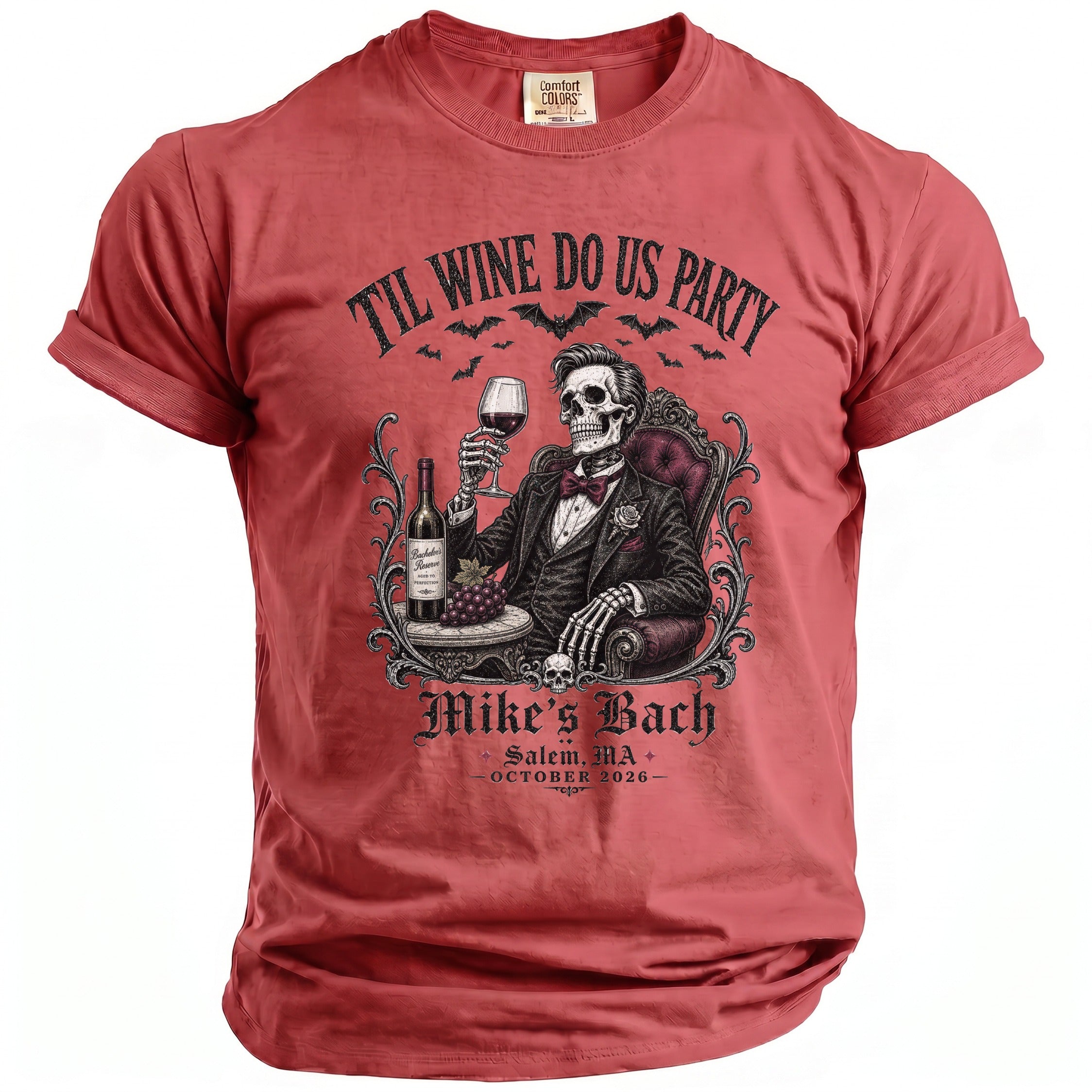 T-shirt with skeleton in suit, wine, and text "Til Wine Do Us Party Mike's Bach"
