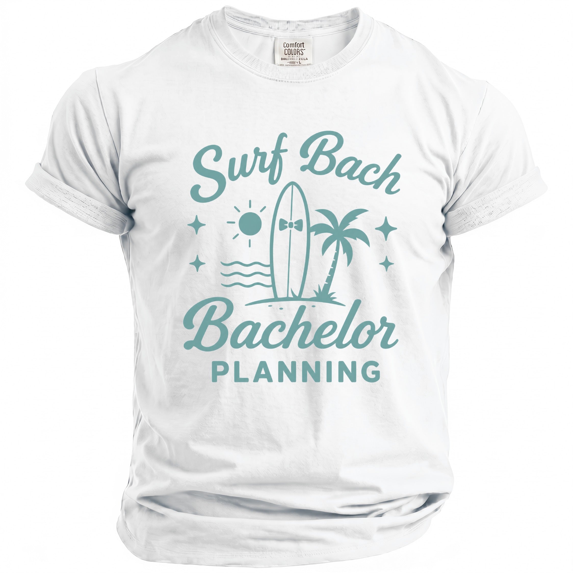 White t-shirt with turquoise text and graphics reading "Surf Bachelor Planning".