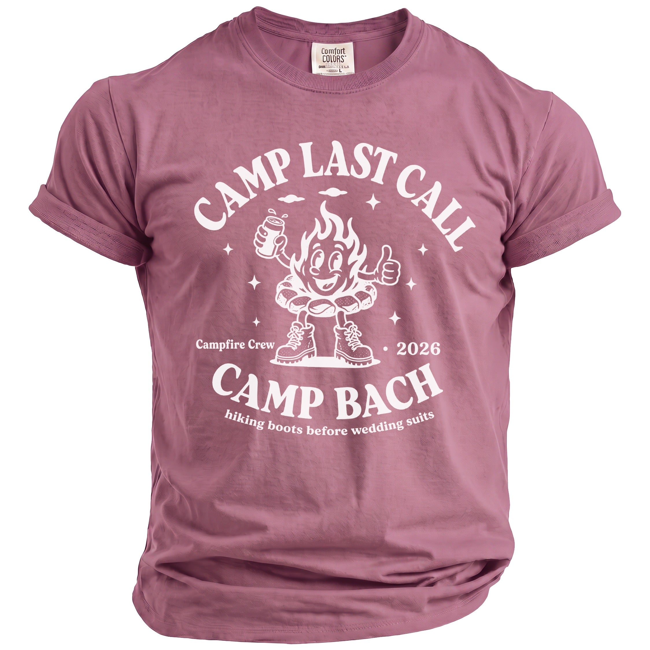 A mauve short-sleeve t-shirt featuring a white graphic of a cartoon campfire character with text.
