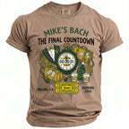 Brown t-shirt with "Mike's Bach The Final Countdown" graphic including a pocket watch.