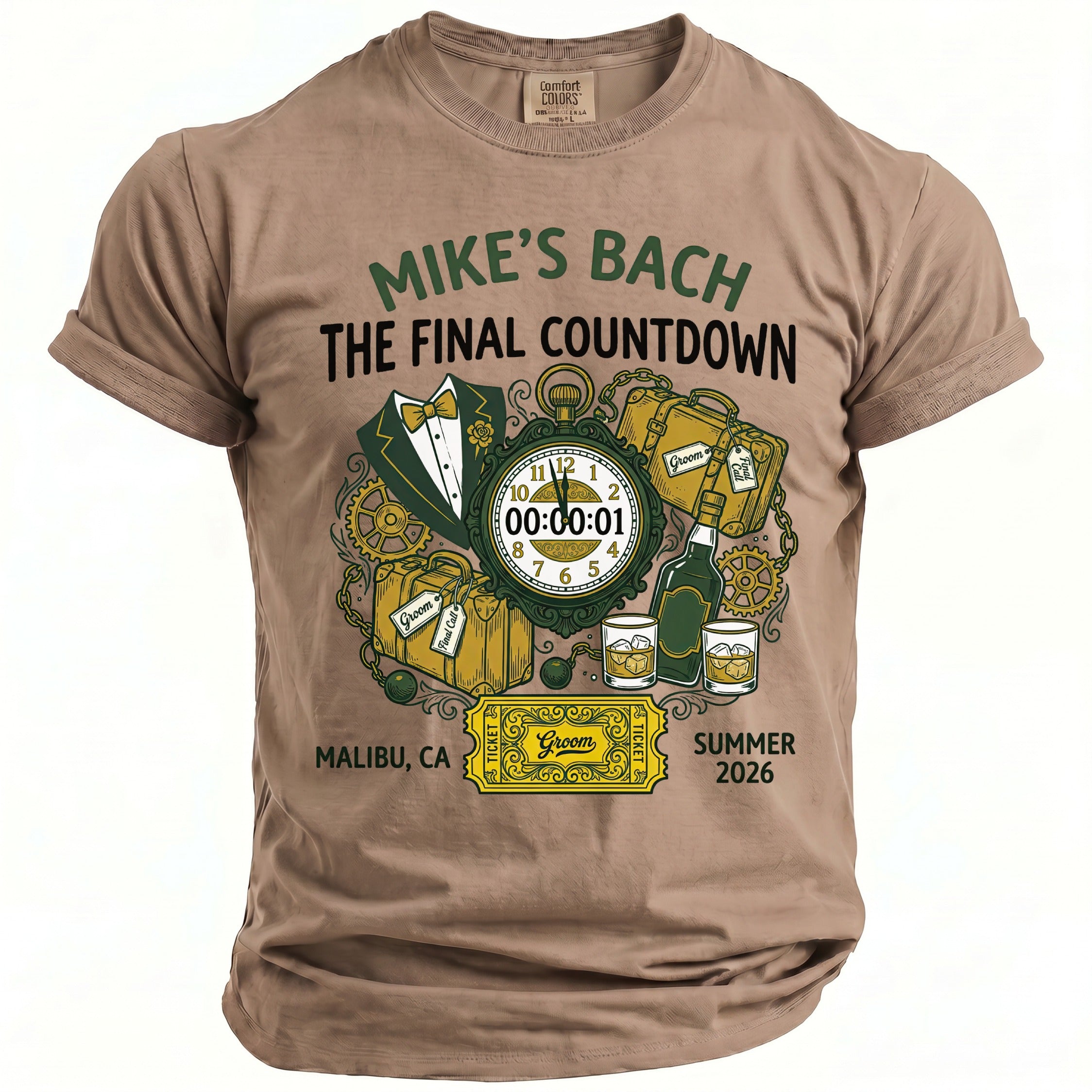Brown t-shirt with "Mike's Bach The Final Countdown" graphic including a pocket watch.