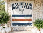 Banner reads "Bachelor Beach Club Groom's Beach Weekend - 2026" with a cocktail.