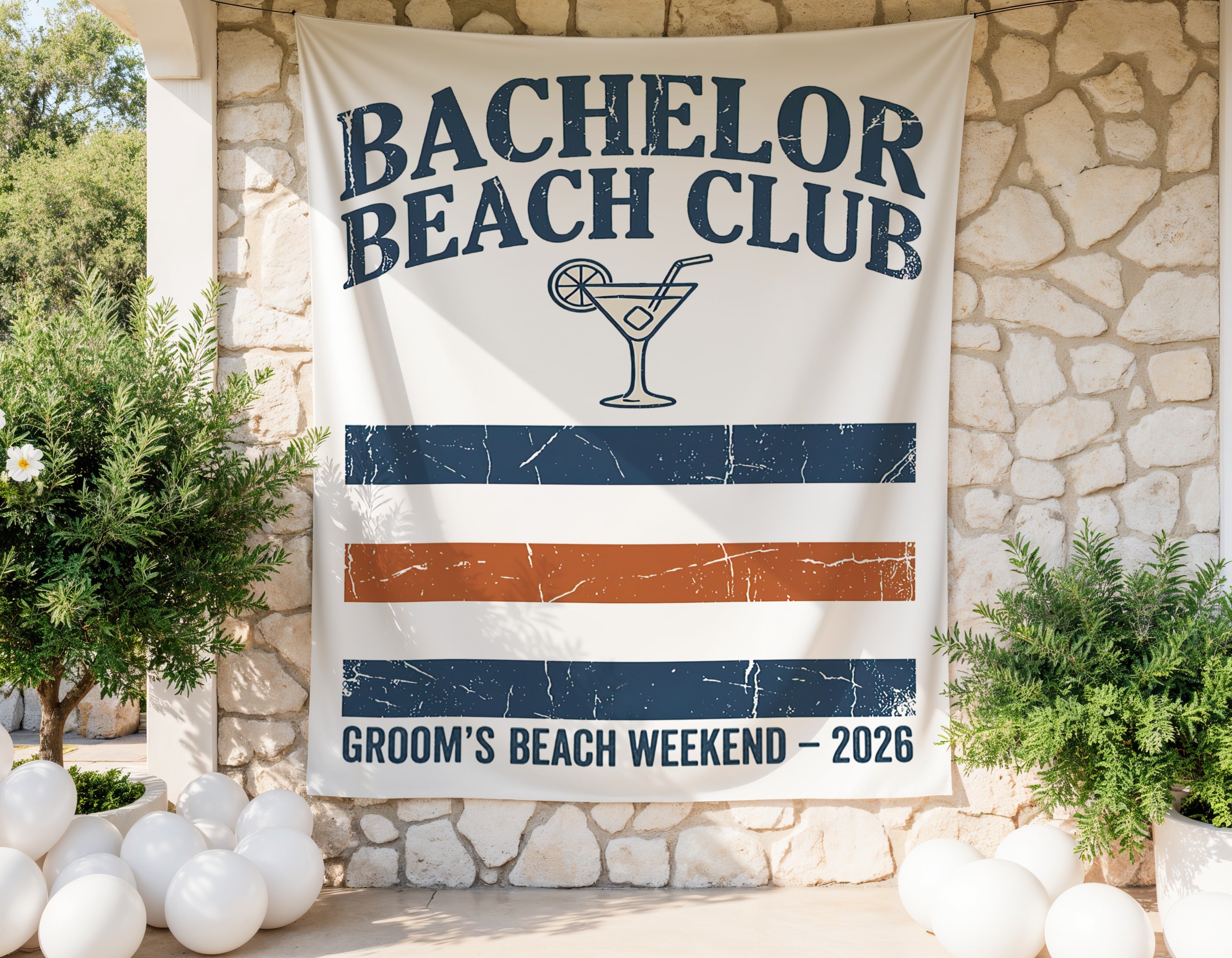 Banner reads "Bachelor Beach Club Groom's Beach Weekend - 2026" with a cocktail.