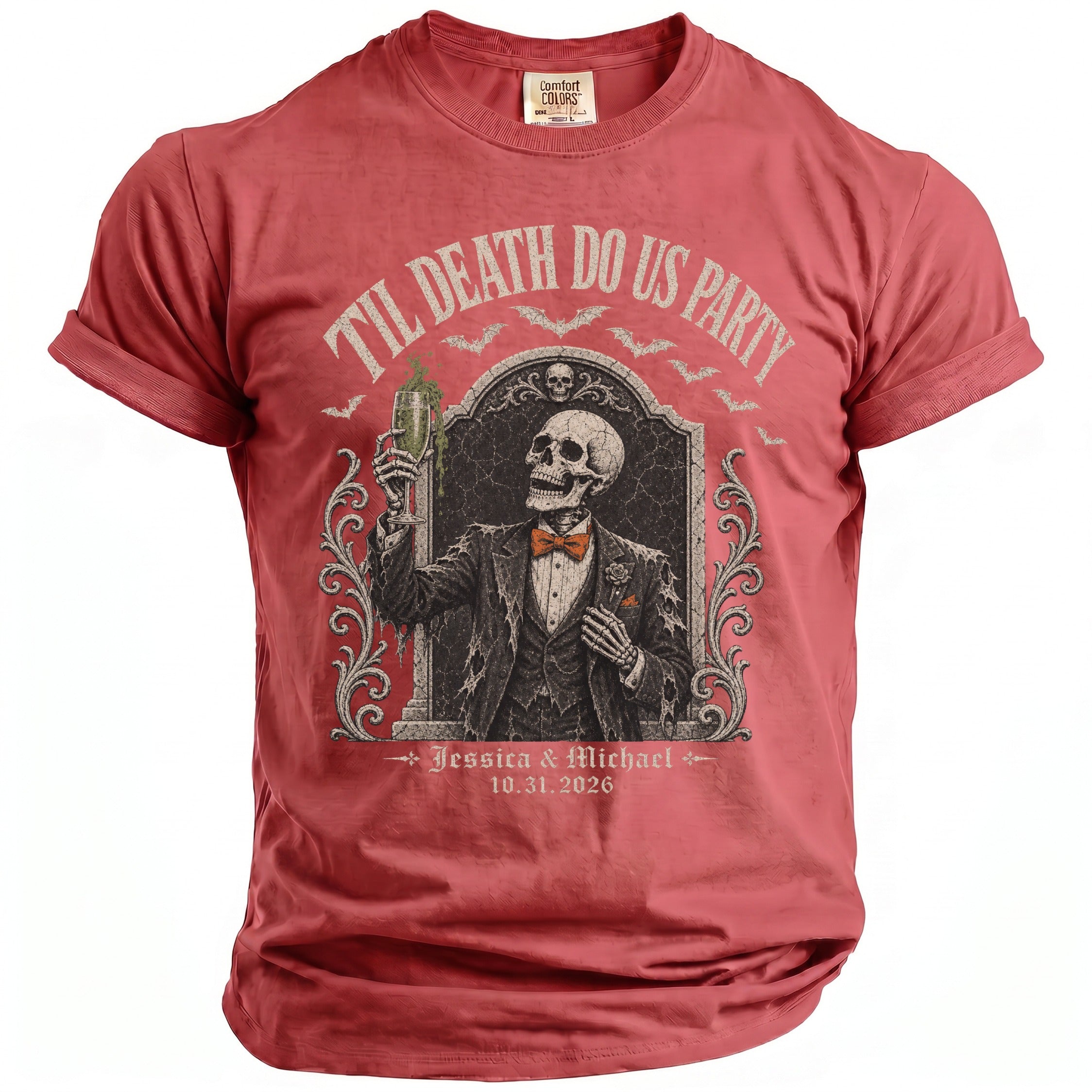 Red t-shirt with skeleton holding a drink, text reads "Til Death Do Us Party".